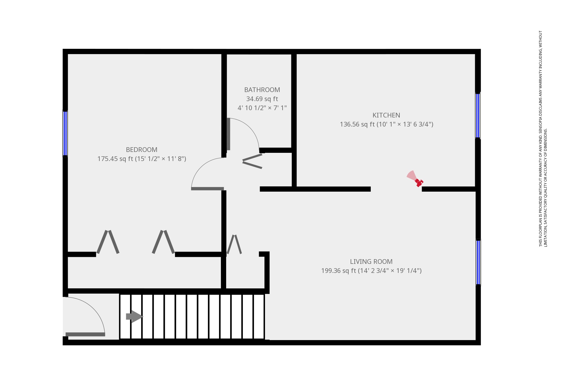 A floor plan of a house with a living room, kitchen, bathroom and bedroom.